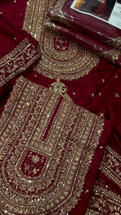 Maroon Luxury 2 Piece Silk Embroidered Unstitch Suite