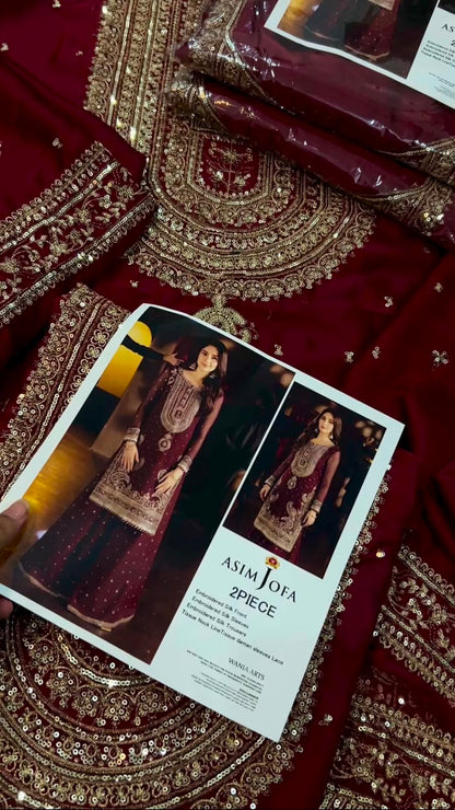 Maroon Luxury 2 Piece Silk Embroidered Unstitch Suite
