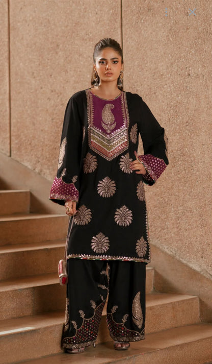 Ethnic Black Silk Unstitch Suite