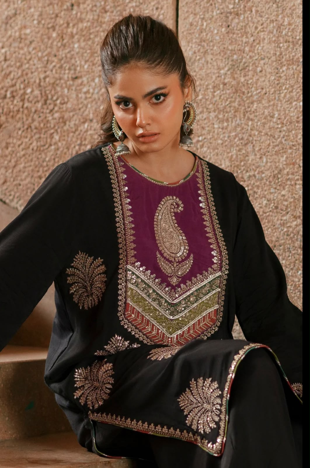 Ethnic Black Silk Unstitch Suite