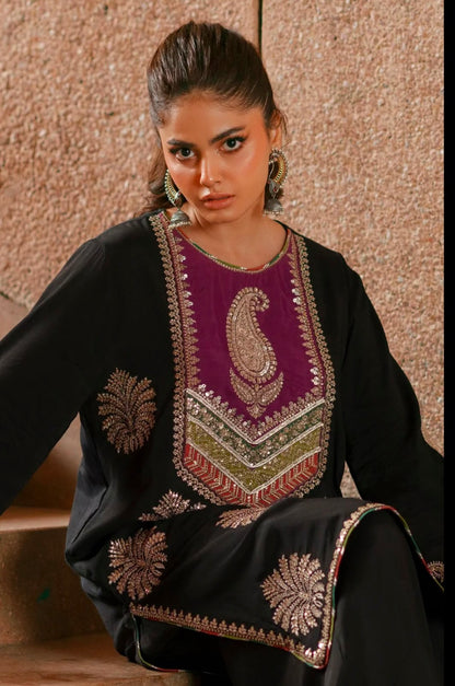 Ethnic Black Silk Unstitch Suite
