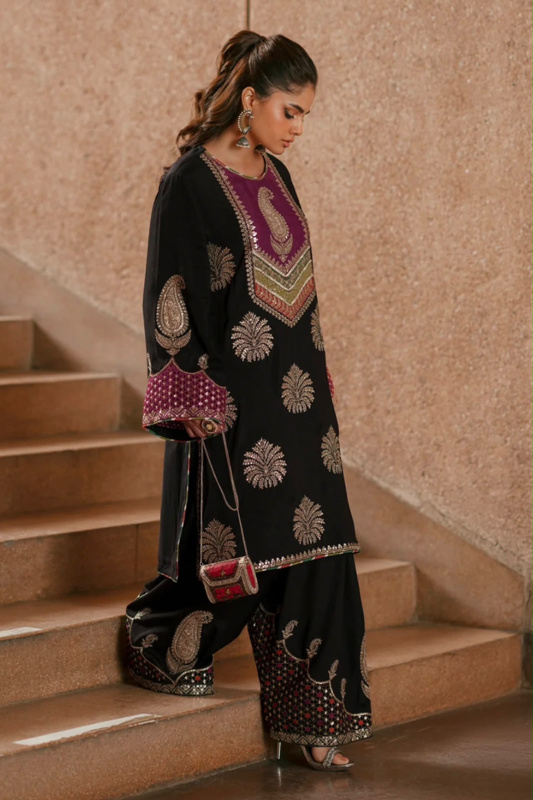 Ethnic Black Silk Unstitch Suite