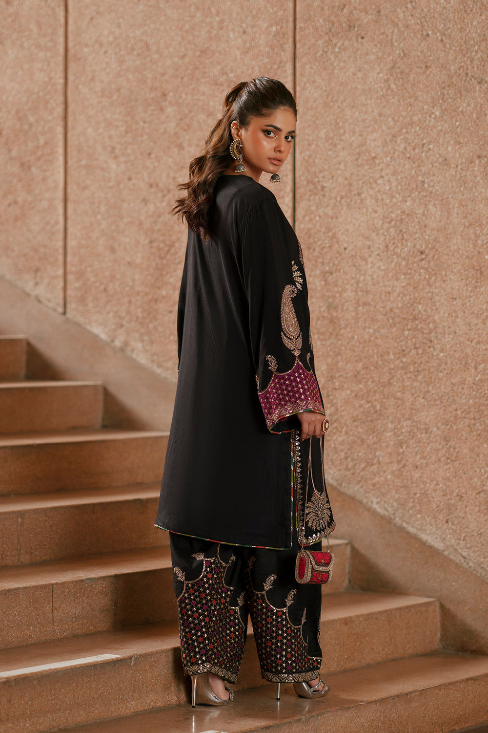 Ethnic Black Silk Unstitch Suite